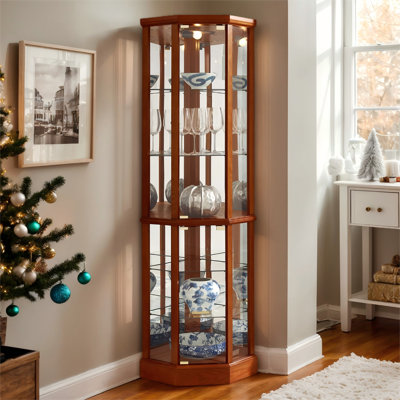 70" Lighted Corner Curio Cabinet, Glass Display Cage with Tempered Glass Doors & Adjustable Shelves, Wine Cabinet Storage Rack for Bar and Liquor Storage(E26 light bulb not included)