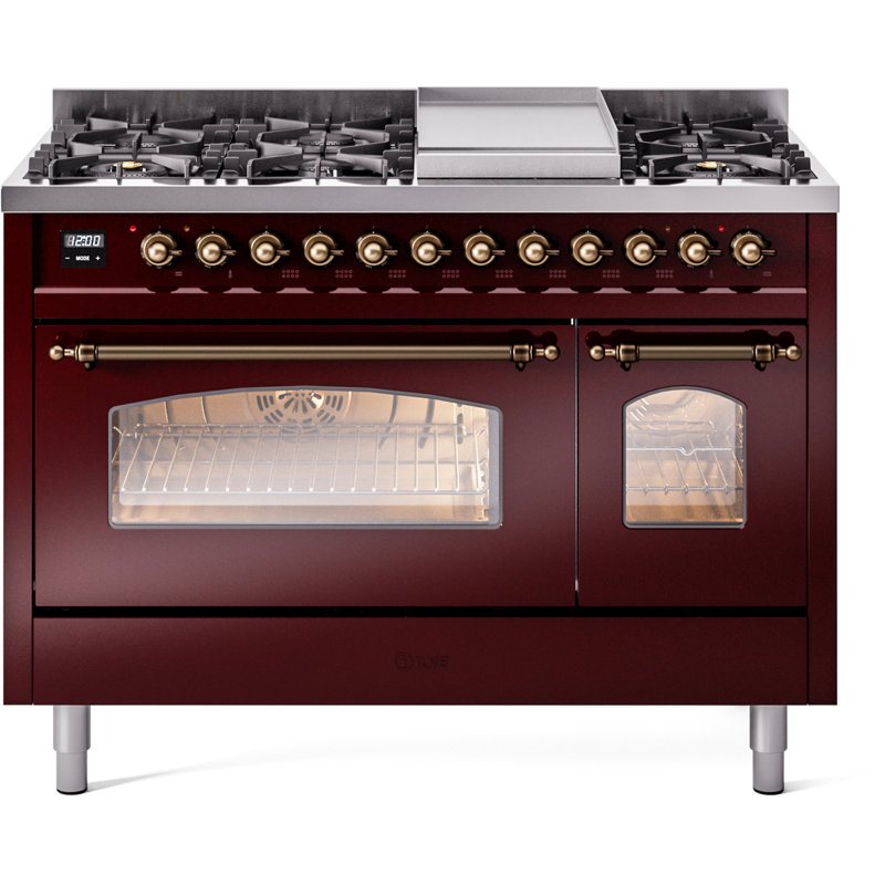 ILVE Nostalgie II 48 Dual Fuel Range , Burgundy/Brass, Liquid Propane
