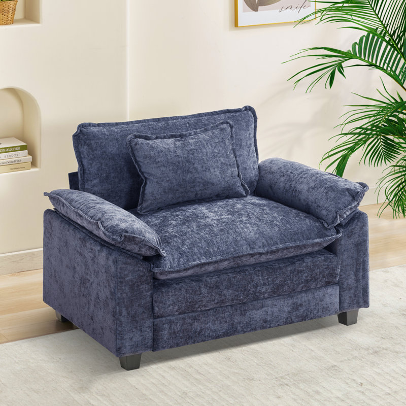 53" Comfy Cloud Couch Deep Seat Sofa Chair With Throw Pillow For Living Room Bedroom, Blue Chenille