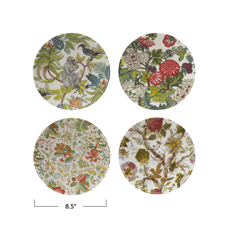 4-Piece Round Printed Stoneware Botanical Plate Set
