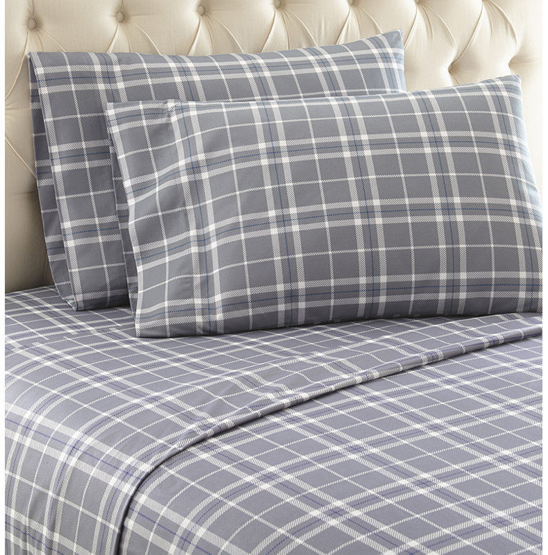 Micro Flannel® Printed Deep-Pocket Sheet Set, Twin XL Sheet Set with 1 Pillowcase, Carlton Plaid Gray