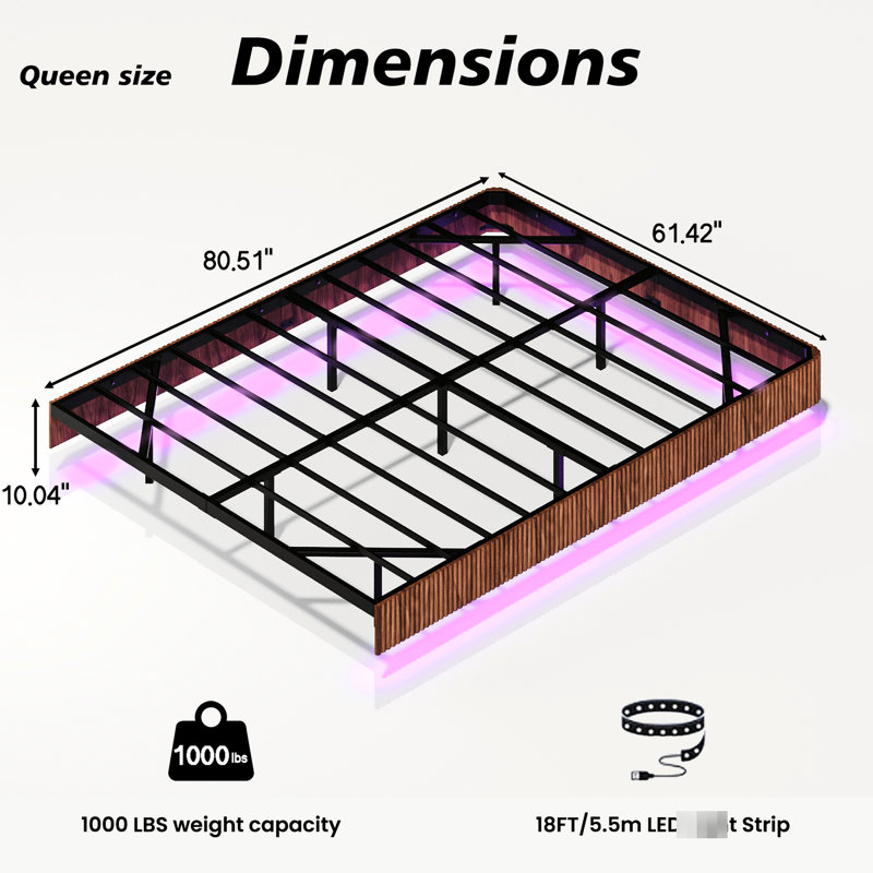 Floating Bed Frame For Queen, Walnut - Toned, Led Strip Lights, Wave Shaped Wood Panel, Heavy Duty Metal Support, Invisible Suspension Effect, Sound Activated Color Adjustable Stable Load Bearing