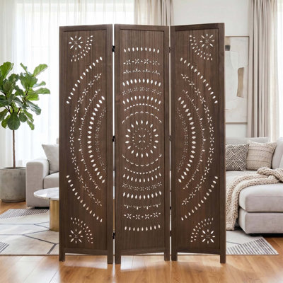 Sunflower Pattern Freestanding Room Divider – 3-Panel, Brown