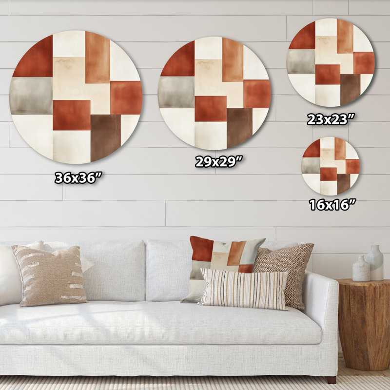 Minimal Blocks In Earth Tones - Art mural rond en métal minimaliste abstrait, L 29 po x H 29 po