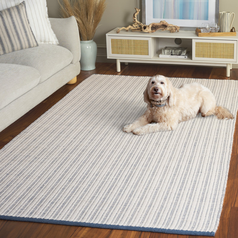 909 Hand Woven Cotton/Wool Striped Rug , Rectangle 5' x 8', Light Blue