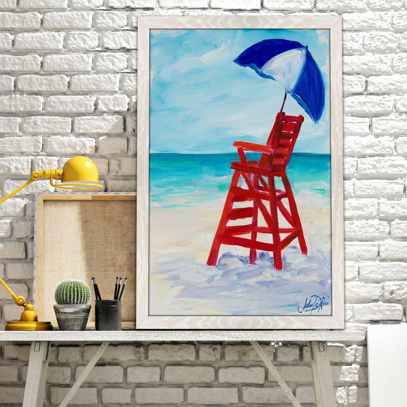 Lifeguard Post I - reproduction de peinture acrylique, H 49,5 po x l 33,5 po x P 1 po, Cadre blanc