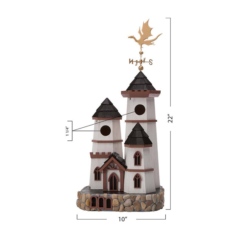 White and Brown Castle Birdhouse with Dragon Weathervane