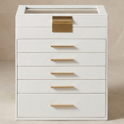 Jewelry Box Organizer - 6-layer Jewelry Storage With 5 Drawers, Glass Lid And Shiny Metal Hardware, Modern Design, 6.4 X 9.9 X 11.4 Inches, Cloud White And Gold