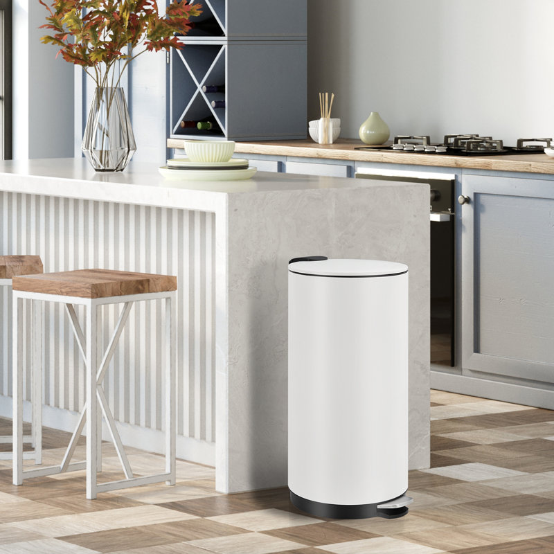 Commercial-Grade Soft-Close Trash Can – 8 Gallon Round Stainless Steel Bin with Foot Pedal, Removable Inner Bucket, Space-Saving Design for Kitchen, Office, Bathroom – White
