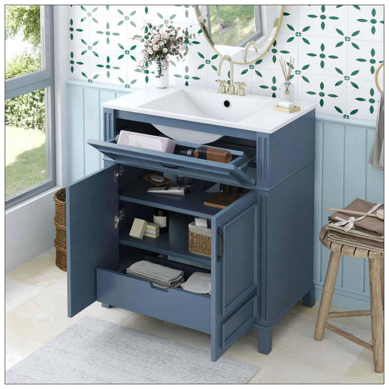 Meuble-lavabo de 30 po avec lavabo en céramique, armoire de rangement en bois massif avec portes à fermeture douce, style rétro, bleu