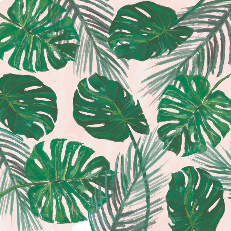 Monstera And Palm Fronds On Blush - Wrapped Canvas Painting, 30cm H x 30cm W x 3.8cm D