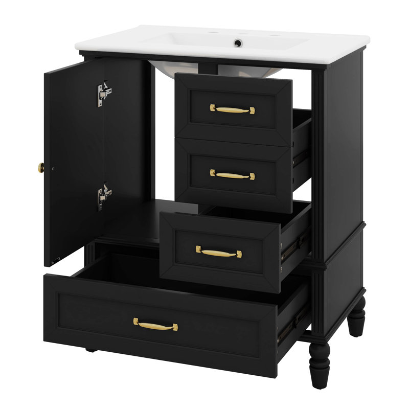 Meuble-lavabo de 30 po avec lavabo, armoire en bois d'acacia et panneau de fibres à densité moyenne avec porte à fermeture douce et 3 tiroirs, patins réglables