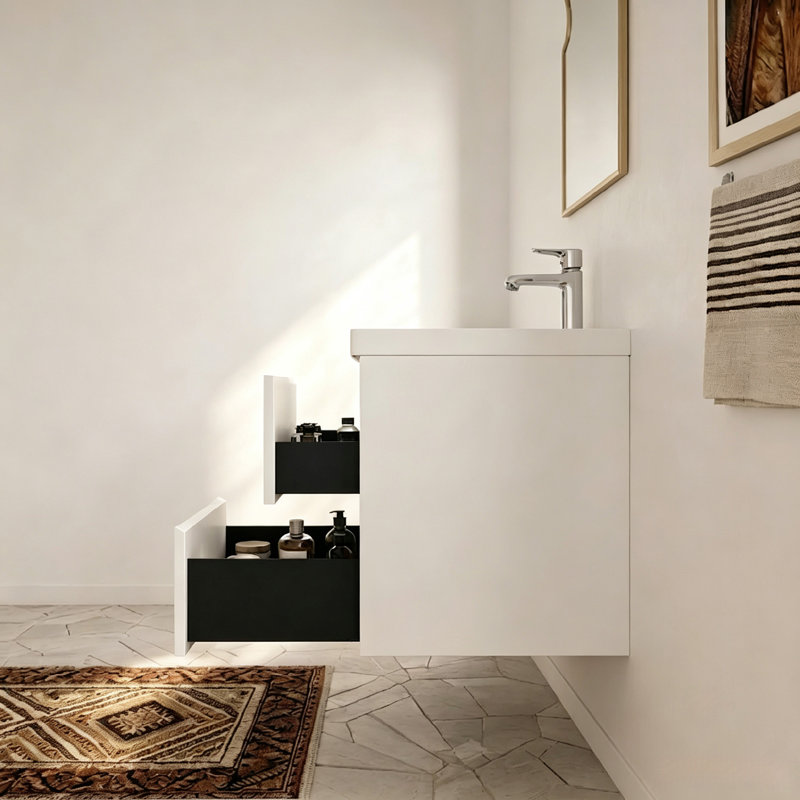  Meuble-lavabo flottant blanc minimaliste 30 po avec lavabo en résine intégré et tiroirs en U, 30"