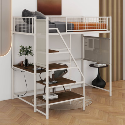 Twin Size Loft Metal Bed With Built-In Charging Station And LED Light by Latitude Run
