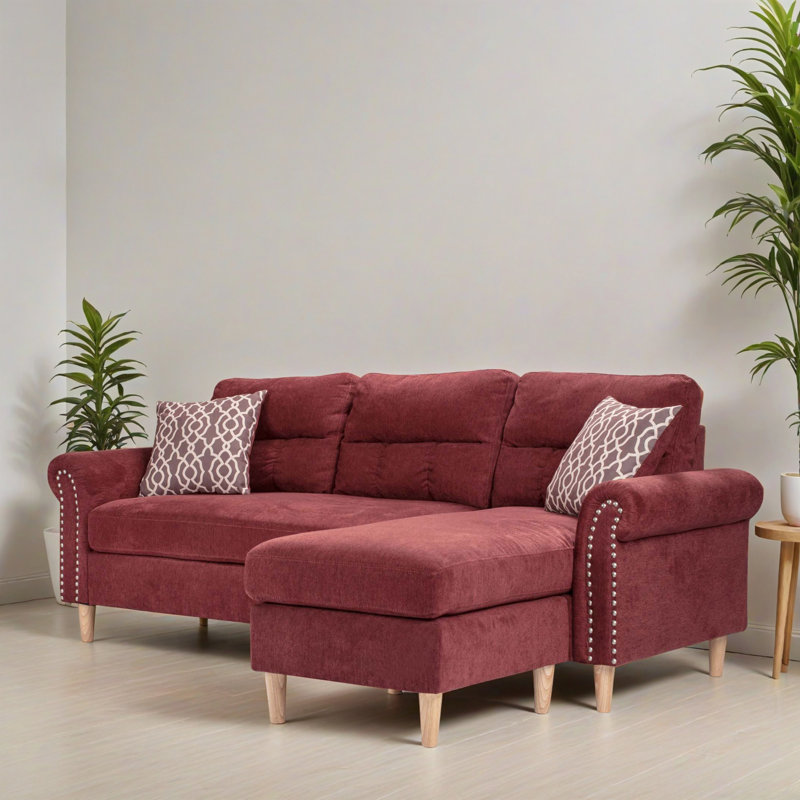 87.02" Wide Reversible Sectional Sofa & Chaise, Red Velvet