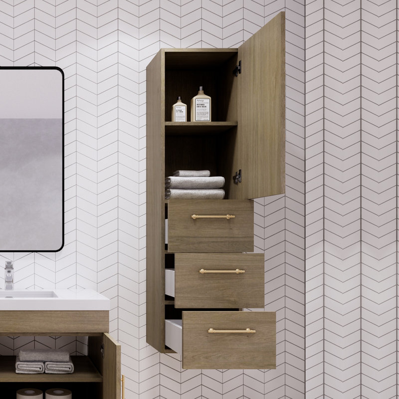 Eliza 16'' Gloss Gray Wall Mounted Side Cabinet, White Oak/Gold