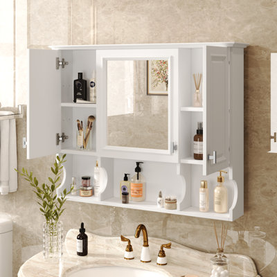Armoire à pharmacie murale avec miroir ouvert et tablettes ouvertes 35 po x 28 po Galilea
