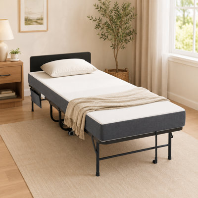 Metal Industrial Folding Bed Adjustable Headboard 5 Inch Memory Foam Guest Cot with Wheels