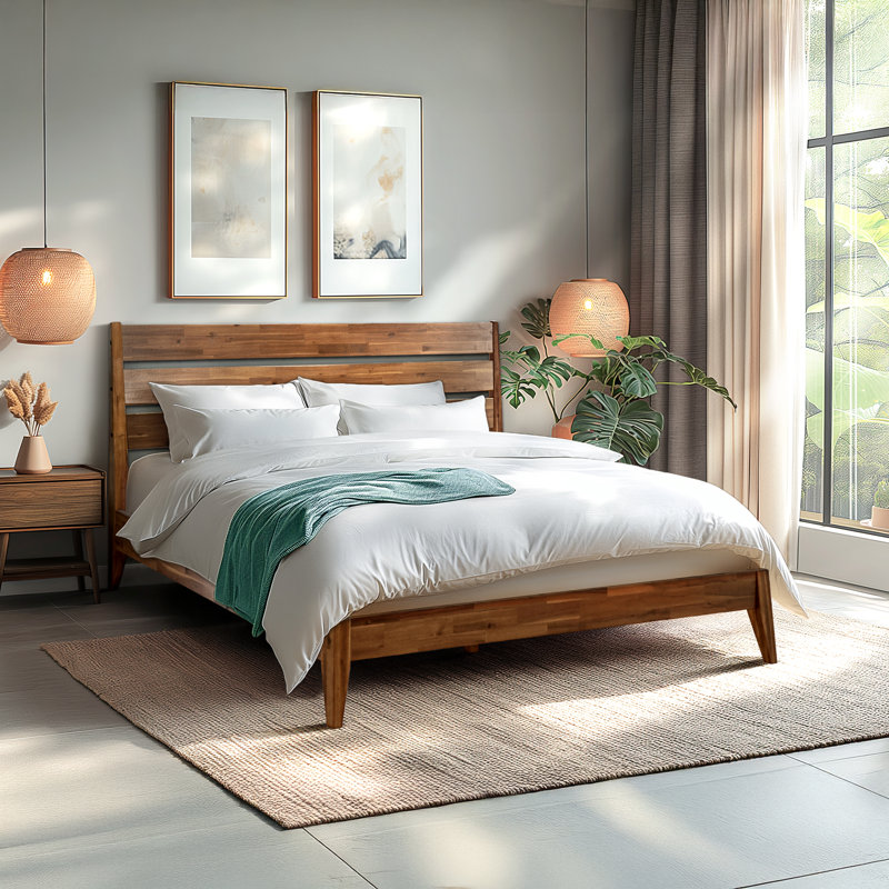 Structure de lit en bois massif de qualité supérieure Acacia Christoper, lit plateforme avec tête de lit inclus, lit en bois de style Mid-Century moderne, aucun sommier requis, convient à tous les matelas