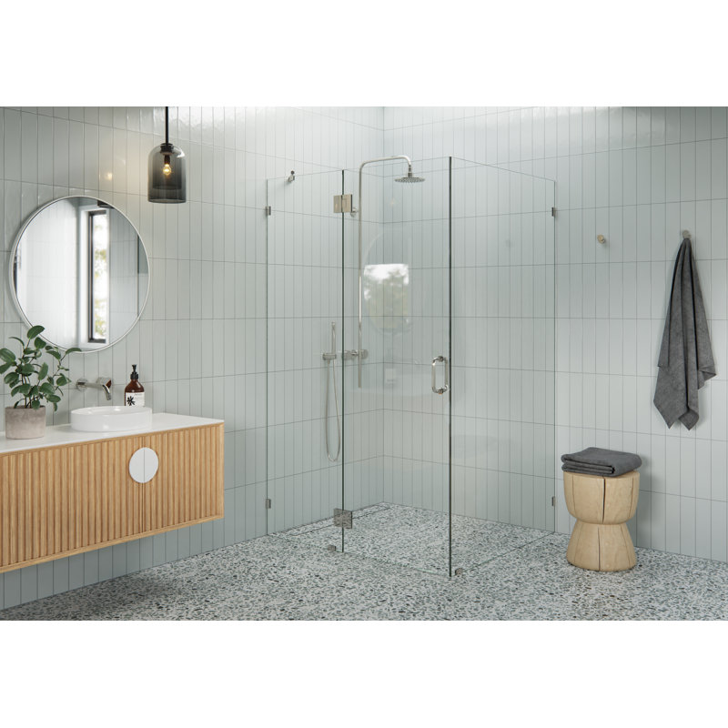 Halo 46 in. x 40 in. x 78 in. 90-degree Fully Frameless Glass Hinged Shower Enclosure, Polished Nickel