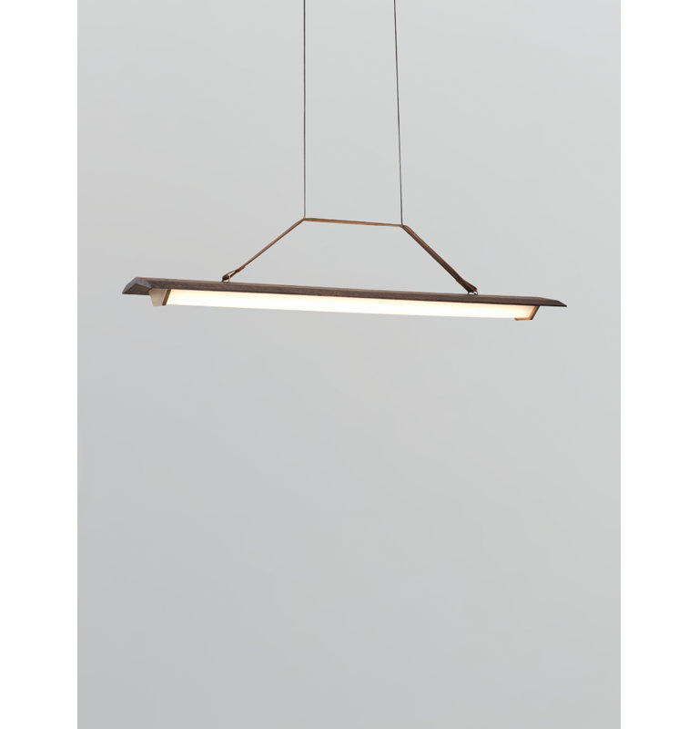 Penna Linear LED Pendant, 7.7" H x 64.5" W x 2.3" D, 2700K Warm White Bulb Temp, 277V, Brass/ Dark Walnut