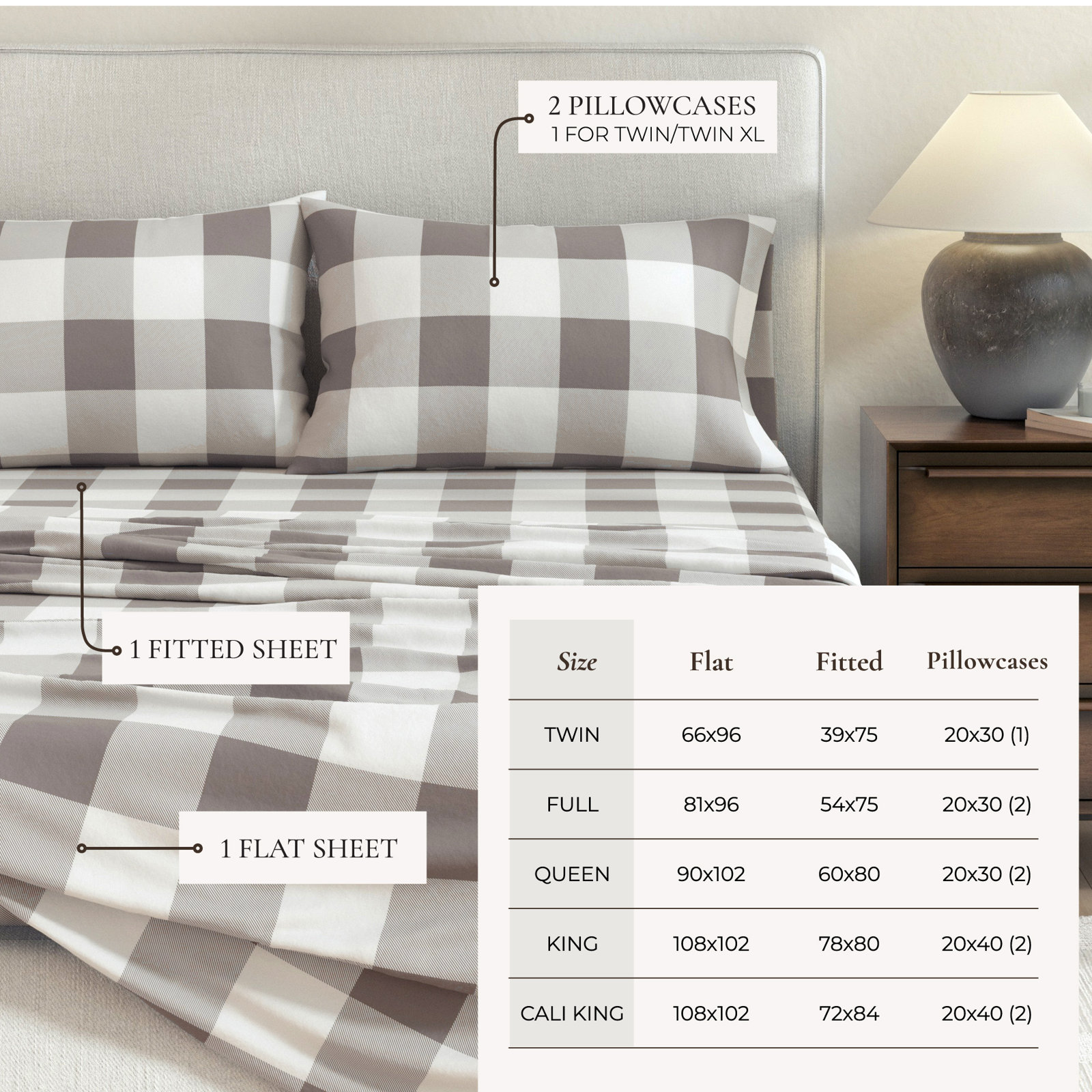 Raye Cotton Flannel Sheet Set, Twin with 1 Pillowcase, Buffalo Check - Gray