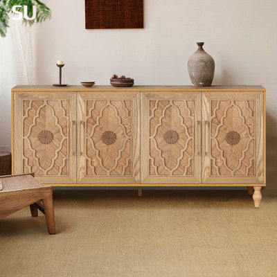 Grande armoire de rangement sculptée à porte fleurie avec poignée en métal, parfaite pour le salon, la cuisine et le vestibule