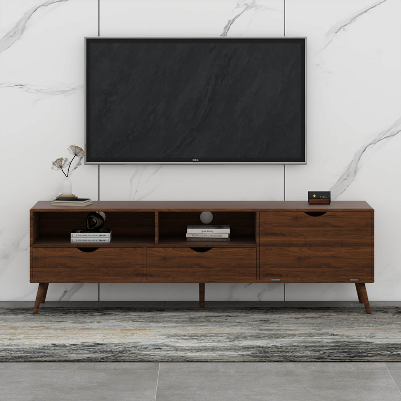 Meuble télé Mid-Century moderne, meuble multimédia avec 2 tiroirs, porte rabattable