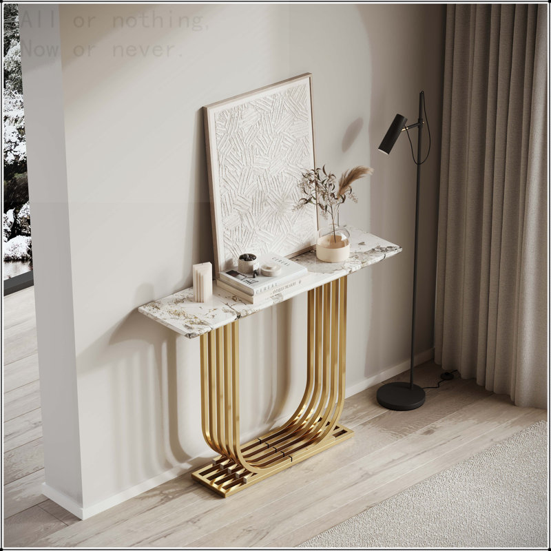 Console étroite avec plateau en imitation marbre et structure en U dorée