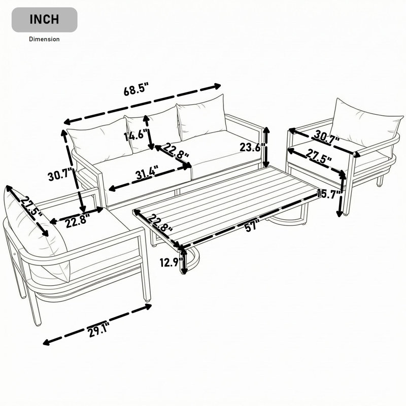 Ensemble de conversation d'extérieur avec table basse, Gris