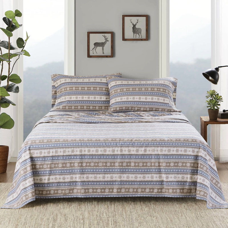 Ensemble de 3 draps en flanelle de coton à 100% avec flocon de neige bleu, simple / double pour matelas de 12 po, élastique, 1 plat et 2 taies d'oreiller, flocon de neige lavable à la machine, grand / très grand / très grand 14 po