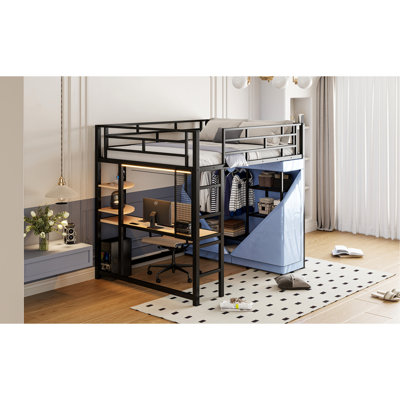 Lit mezzanine en métal avec bureau intégré, tablettes, prise de courant, DEL et garde-robe. Solution peu encombrante pour la maison. Fabrication. L 77,4 po x l 56,5 po x H 66,5 po. Matelas non inclus. Assemblage