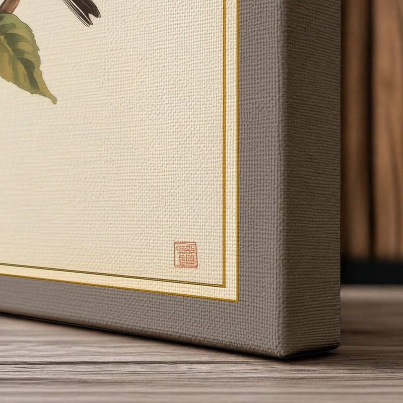 Robin on Blossom Botanical - Wrapped Canvas, 30x20 - 76.2 x 50.8 cm, Taupe Border