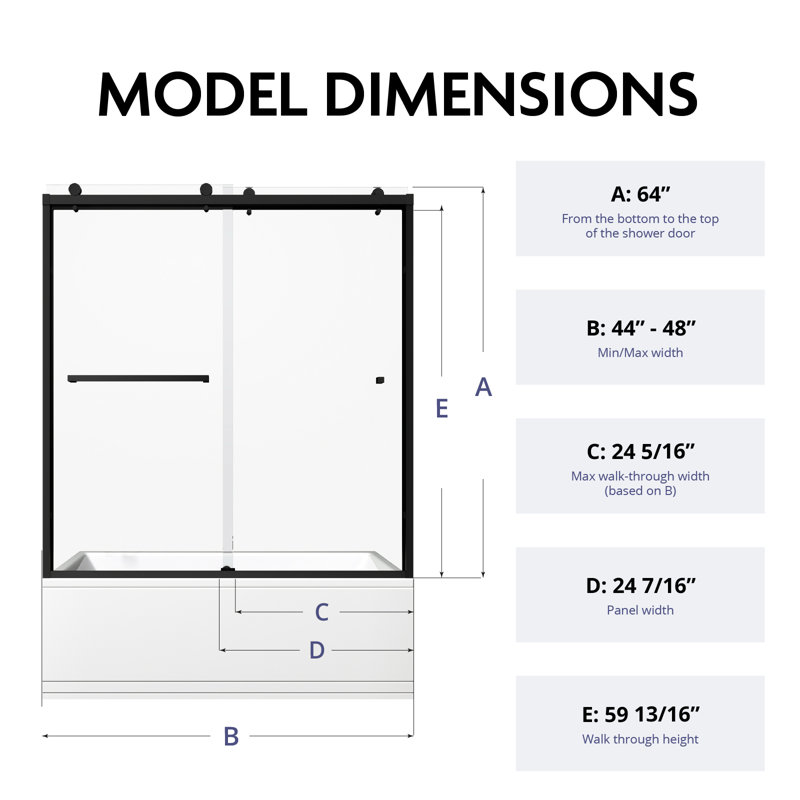 56" - 60" W x 64"H Double Sliding Tub Frameless Glass Shower Doors | 5/16" Clear Tempered Glass | Leak-Proof Precision | Durable Stainless Steel Hardware | Perfect Adjustment Uneven Walls