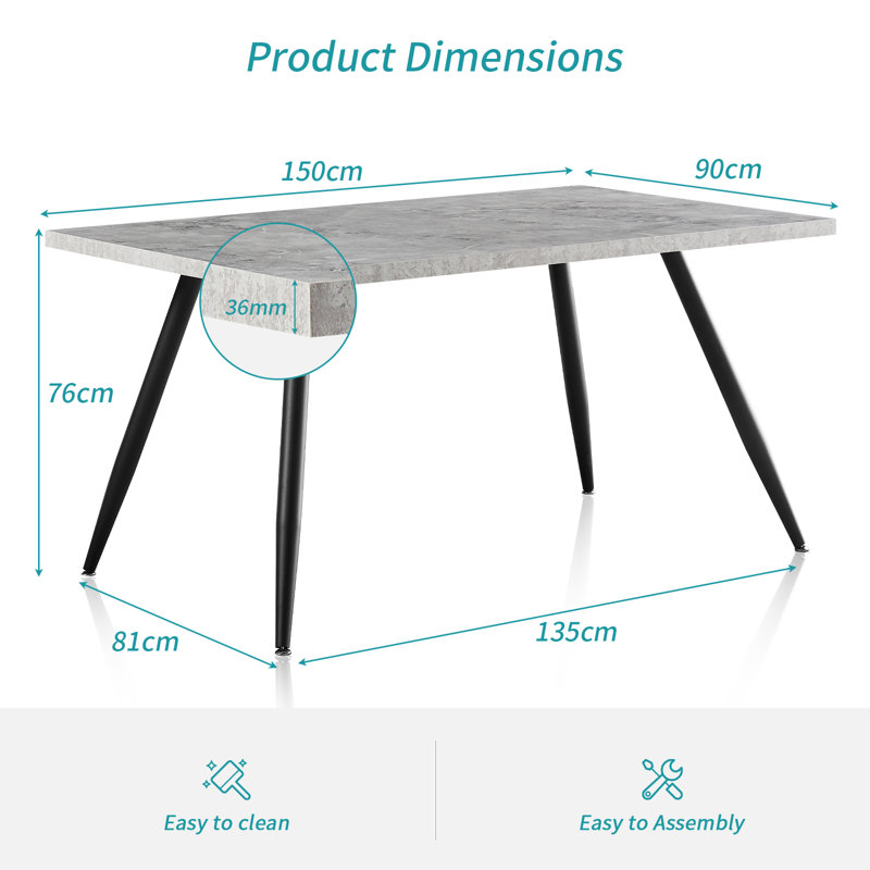 Ernst 120/150cm Nordic Metal Base Rectangular Manufactured Wood Dining Table, Grey, 150cm x 90cm