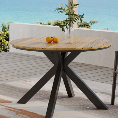 Table de salle à manger d'extérieur, plateau en teck et pieds en métal noir
