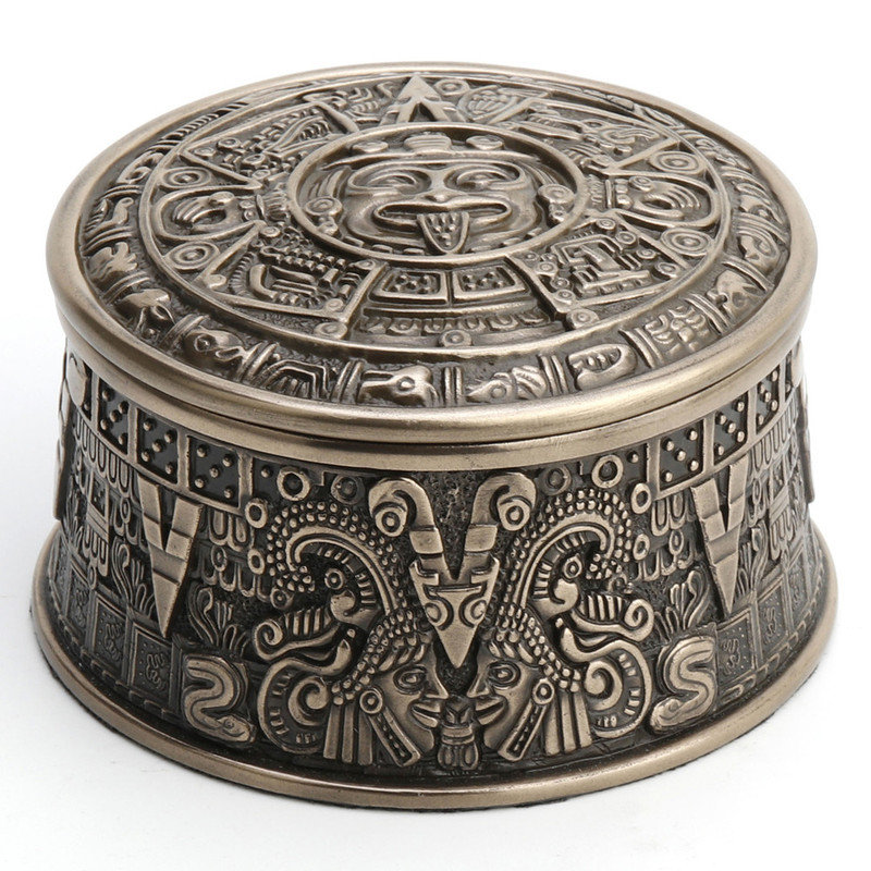 3.74 In L Aztec Sun Stone Trinket Box  Poly Resin