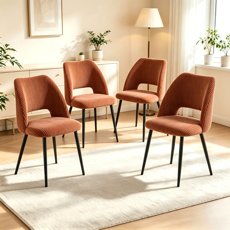 Modern Corduroy Upholstered Dining Chair with Cutout Back and Black Metal Legs, Orange