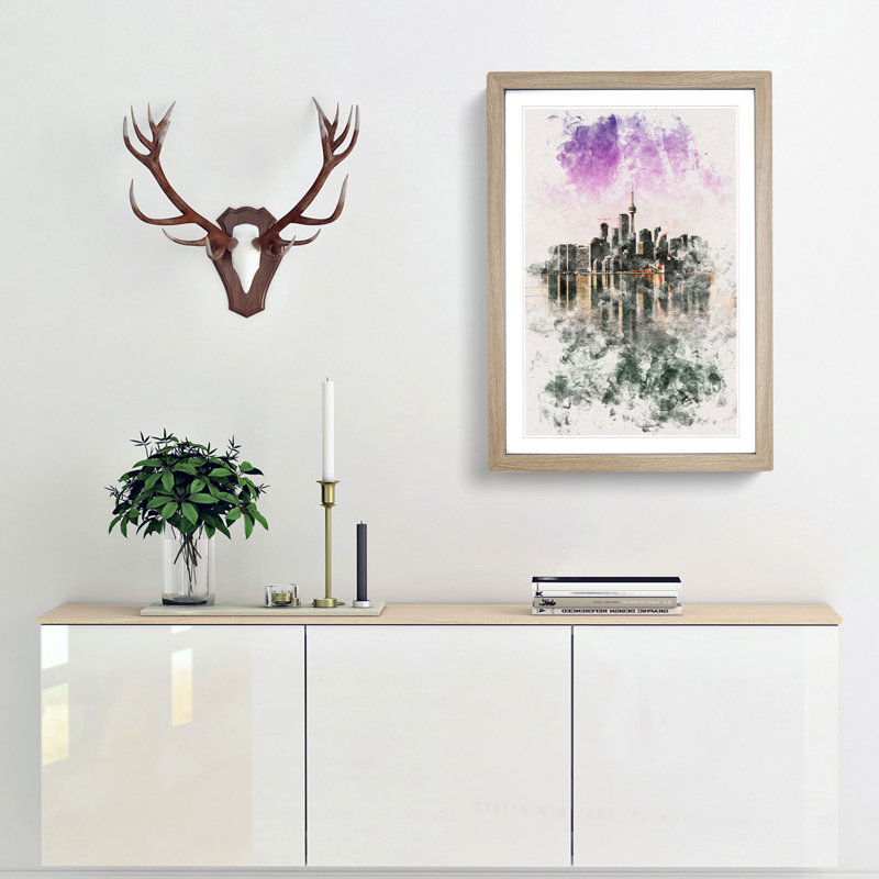 Skyline of Toronto in Canada - Picture Frame Graphic Art Print, 63cm H x 45cm W x 2cm D, Oak Framed