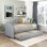 Lit de jour moderne contemporain avec lit gigogne en tissu texturé gris clair et tissu d'ameublement 1pc, lit de jour dans une boîte