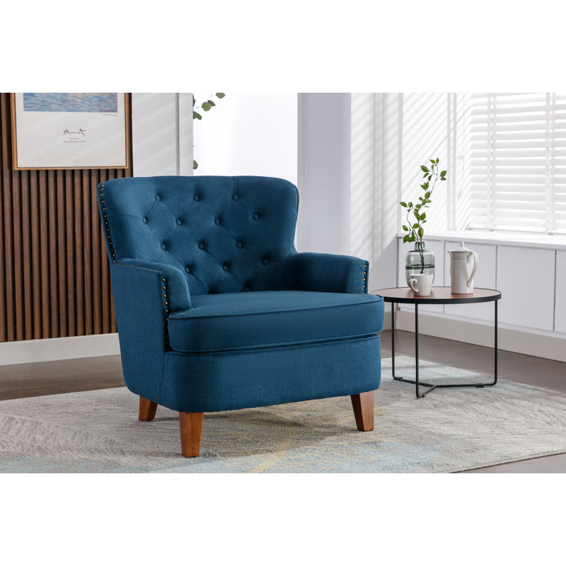 Chaise d'appoint rembourrée en tissu avec pieds en bois d'hévéa Mericul, Mélange de polyester bleu