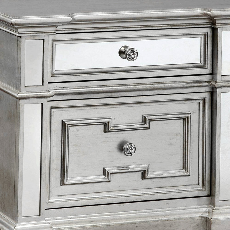 Glam Silver Nightstand – Solid Wood With Mirror Panel Accents, Crystal-Like Acrylic Drawer Pulls, And Bun Feet For Elegant Bedroom Furniture