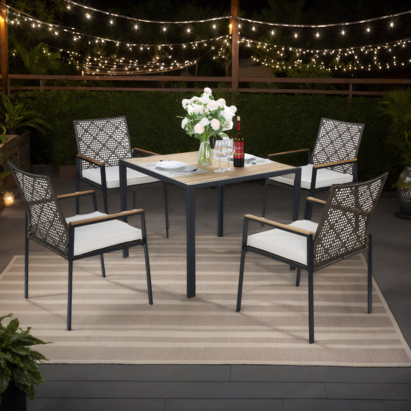 5-Piece Rattan Patio Set with Acacia Wood Table - All-Weather Outdoor Dining & Conversation Furniture, Black, White
