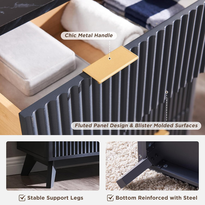 Siyuan Fluted Design 5-Drawers Dresser Organizer, Wood Tall Chest of Drawers, Dark Gray