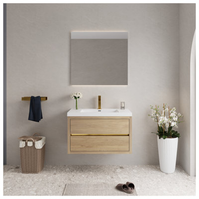 Meuble-lavabo mural 36 po avec comptoir en résine de pierre, armoire flottante en chêne naturel avec tiroirs à fermeture en douceur, pré-assemblé