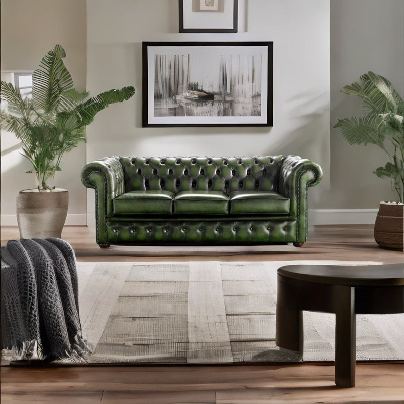  3 Seat Chesterfield Sofa In Antique Leather, Antique Green