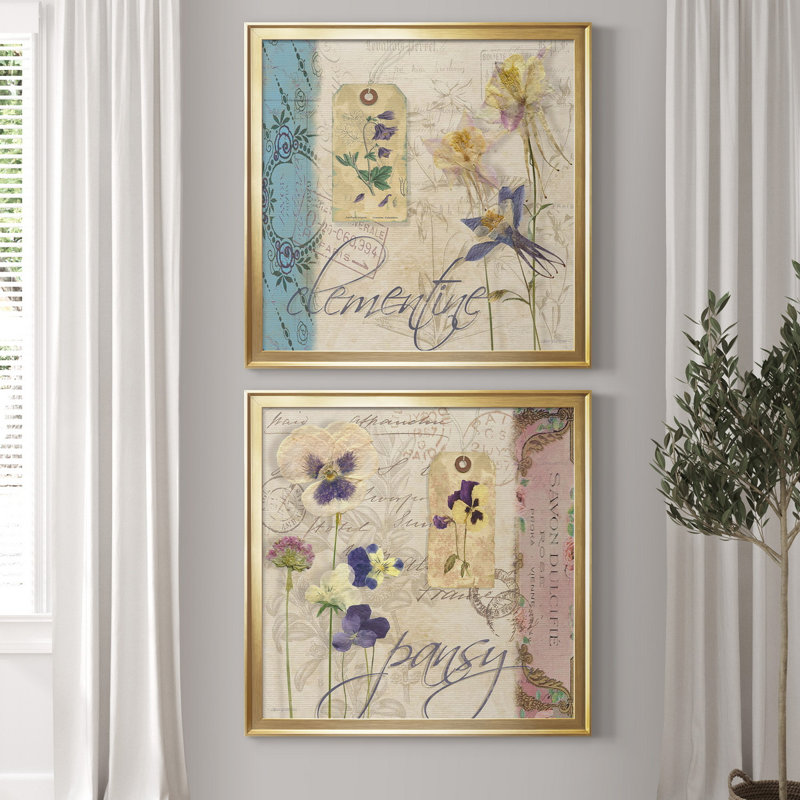 Clémentine - ensemble de 2 reproductions d'art graphique encadré, Toile encadrée dorée, H 34,5 po x l 69 po x P 1,5 po