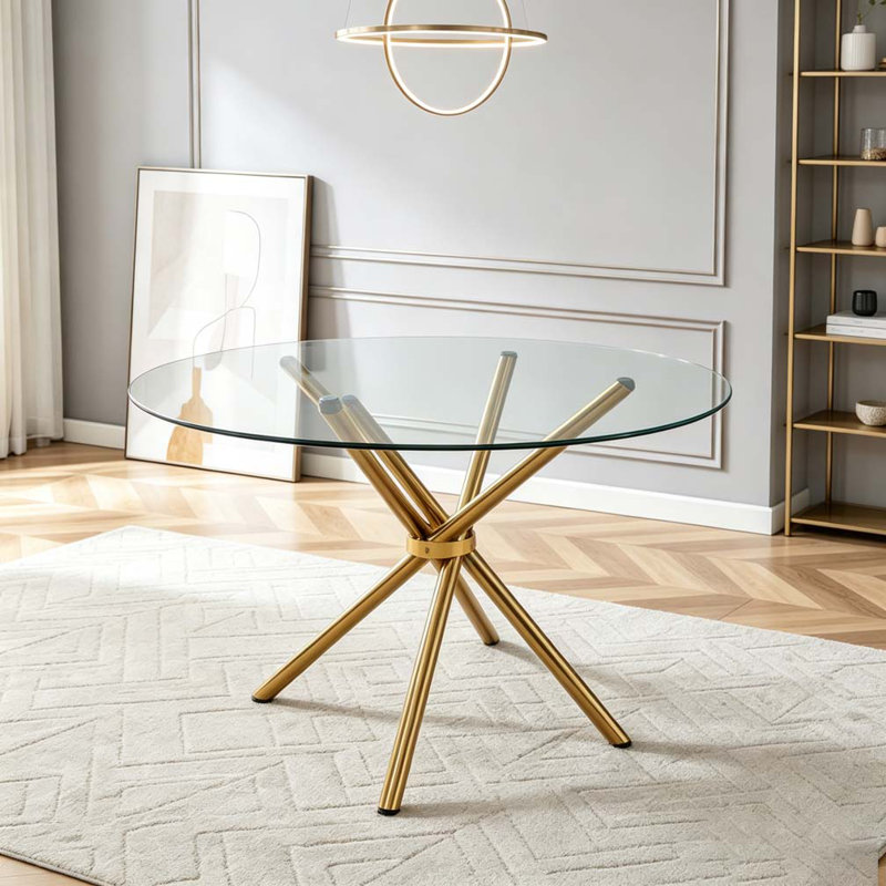 Round clear glass dining table, Gold