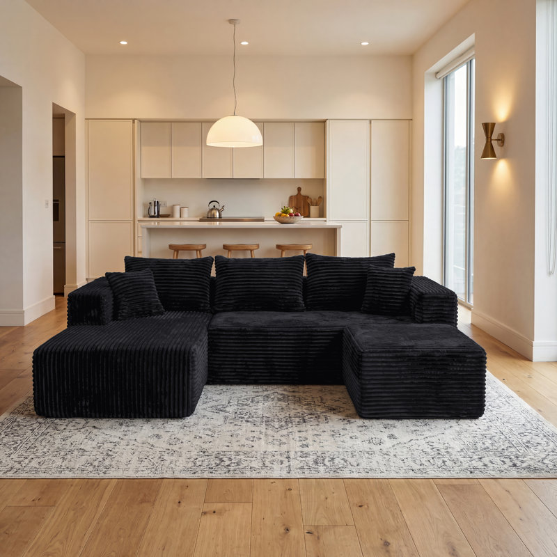 Canapé modulaire en U modulaire en forme de U, canapé en flanelle rembourré avec repose-pieds et ressorts ensachés, canapé modulaire à compression avec 5 coussins sans assemblage, noir