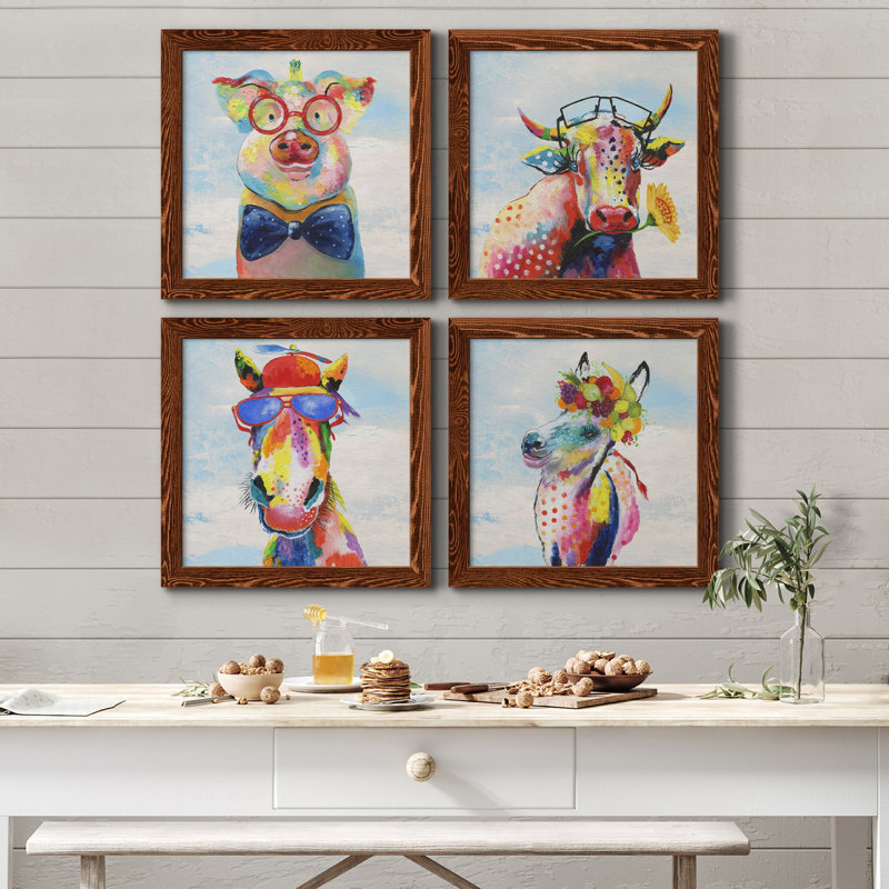 «Groovy Pig and Sky», ensemble de 4 peintures sur toile encadrées, Toile d'érable encadrée, H 27,5 po x l 110 po x P 1,5 po